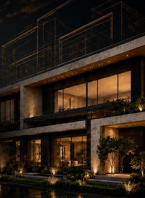 OLIVEARCH luxury villa, golden-hour exterior